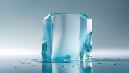 Poster - Translucent natural ice block in shades of light blue on a reflective white background.