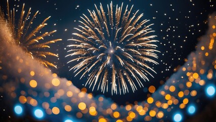 Poster - Abstract holiday background featuring gold and dark blue fireworks with bokeh
