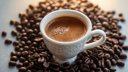 Poster - Coffee mug over a coffee beans surface. Methods for preparing flavorful coffee.