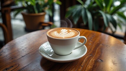 Poster - Cappuccino coffee cup on wooden table with green plant backdrop in cafe. Front perspective. Empty space.