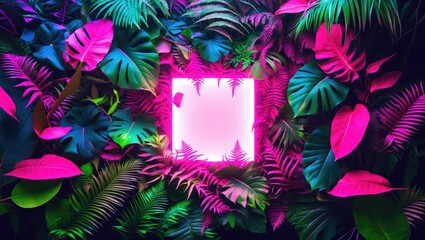 Aufkleber - Flat lay of tropical leaves featuring a creative design in fluorescent colors and a neon square light. Nature concept.