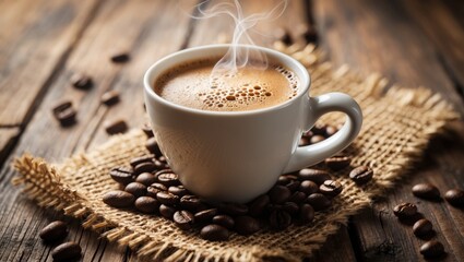 Poster - Detailed shot of a cup of coffee on a wooden table