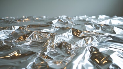 Poster - Textured crinkled silver metallic foil with a reflective surface and abstract wrinkles.