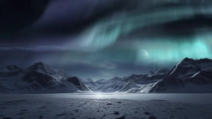 Wall Mural - Antarctica Aurora and Moon Above Mountains Tilt Down Generative AI