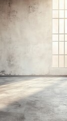 Poster - Interior of an empty loft apartment with concrete floor and plaster wall and large window casting soft light creating a serene and minimalist atmosphere