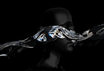 Aufkleber - 3D illustration showing a fluid, abstract form resembling a human head merging with a flowing, glossy substance against a dark background, creating a surreal and mysterious effect.