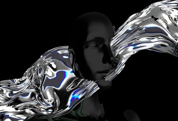 Poster - Abstract 3D illustration of a glossy black mannequin head merged with flowing, translucent liquid or glass, creating a modern, surreal, and dynamic visual effect on a neutral background.