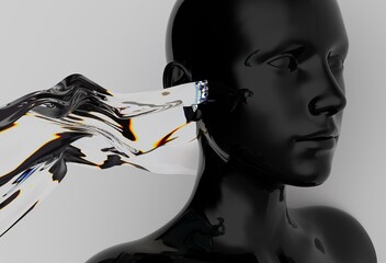 Poster - Abstract 3D illustration of a glossy black mannequin head merged with flowing, translucent liquid or glass, creating a modern, surreal, and dynamic visual effect on a neutral background.