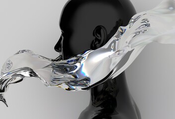Aufkleber - Black head sculpture is enveloped by a flowing, translucent liquid, creating a surreal visual with contrasting solid and fluid elements, evoking movement and transformation.
