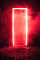 Poster - Dramatic red neon doorway in smoky dark room creates a mysterious and captivating atmosphere with a modern artistic vibe and unique perspective