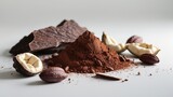 Isolated cocoa beans, cocoa powder, and chunks of chocolate on a white background.