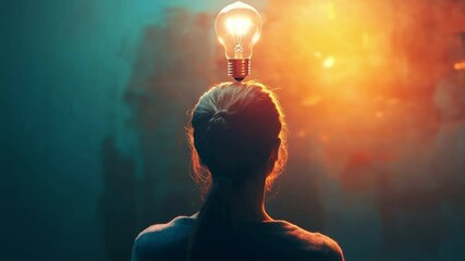 Poster - Brainstorm: Illuminate the spark of innovation with this captivating visual. A woman's silhouette with a luminous lightbulb hovering above the head, symbolizing the birth of ideas.