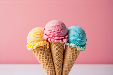 Poster - Three vibrant ice cream scoops, each a different color (yellow, pink, blue), sit atop waffle cones. A pink backdrop complements the cold treats. These cones are perfect for summer.