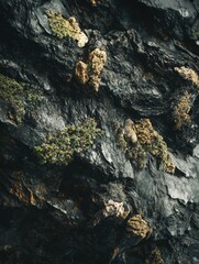 Poster - Close up of dark rock face with patches of moss creating a textured and natural landscape with natural light and earthy tones