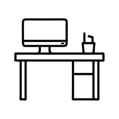Poster - Office desk with computer monitor and stationery holder vector illustration for workspace setup concept