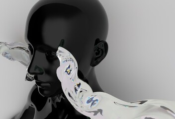 Poster - Abstract 3D illustration of a glossy black mannequin head merged with flowing, translucent liquid or glass, creating a modern, surreal, and dynamic visual effect on a neutral background.