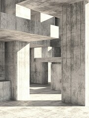 Poster - Concrete maze architecture with sunlight creating shadows and geometric patterns in a modern building