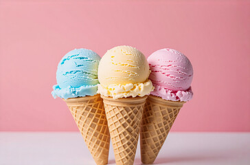 Poster - Three scoops of vibrant ice cream, blue, yellow, and pink, are presented in crunchy cones against a soft pink backdrop. A delightful sweet treat.
