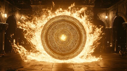Poster - A bold, illuminated shield surrounded by swirling flames, creating a dynamic, powerful effect