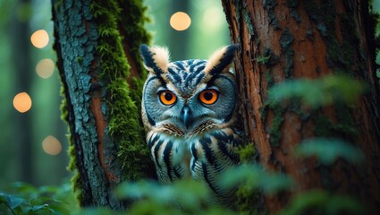 secretive long-eared owl showcasing big orange eyes concealed by larch tree trunk, wild species in n