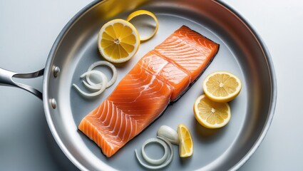 Poster - Raw salmon fillet and culinary ingredients suspended above a frying pan on a white surface.