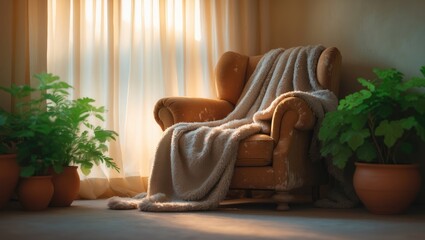Aufkleber - Out of Focus Setting of a Cozy Reading Area with Natural Light, Houseplants, a Comfortable Chair, and Soft Fabrics in Warm Colors.