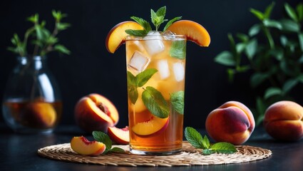 Aufkleber - Chilled peach tea with mint served in a tall glass. Vegan cold summer refreshment on a dark surface with fresh fruits. Front view.