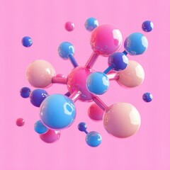 Poster - Abstract molecular structure with colorful spheres on pink backdrop a modern science visualization for chemistry and biology research and development