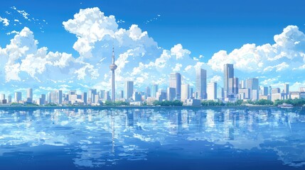 Poster - A crisp, blue-toned city skyline with glass towers reflecting the sky, highlighting urban design with no distractions