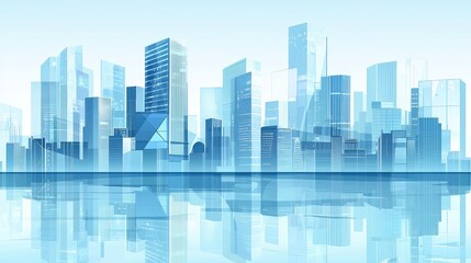 Poster - A crisp, blue-toned city skyline with glass towers reflecting the sky, highlighting urban design with no distractions