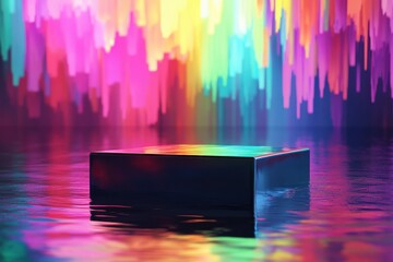 Poster - Modern abstract podium stage with vibrant colorful light streaks and reflective surface for product display and creative presentation background