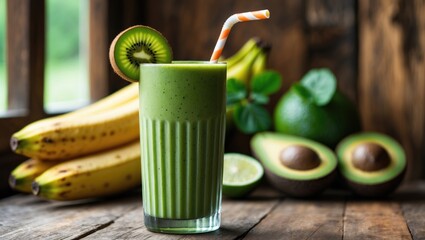 Poster - Healthy eating with green smoothie and avocado, superfood