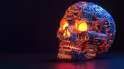 Poster - A cyberpunk-inspired skull with bright neon circuits and a transparent digital core