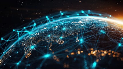 Poster - A digital Earth surrounded by glowing blue network connections, symbolizing global technology
