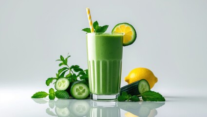 Aufkleber - Isolated on white: Green smoothie made with cucumber, mint, parsley, and lemon for a healthy summer