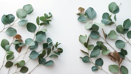 Poster - Banner framed by green eucalyptus leaves in a flat lay on a white background with room for text.
