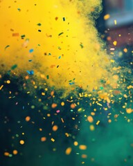 Poster - Festive explosion of vibrant confetti against a backdrop of yellow and green smoke creating a dynamic celebration