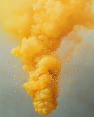 Poster - Ethereal golden explosion of color and light with confetti against a soft gray backdrop artistic style