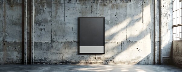 Industrial loft wall mockup showcasing a vertical black metal frame against a concrete backdrop