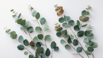 Poster - Top view of green eucalyptus leaves framing a banner on a white background with copy space.