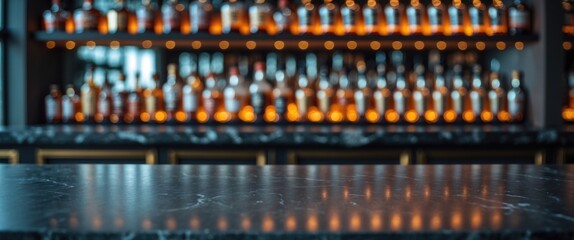 Poster - Grey tabletop with stunning bokeh shelves featuring alcohol bottles in the background. Bar theme.