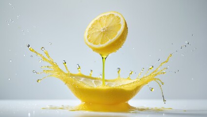 Poster - A lemon half plummeting into a crown-shaped yellow juice splash on a white background.