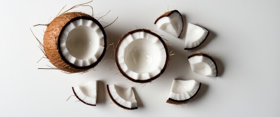 Poster - Halved coconut on a white backdrop. Aerial perspective