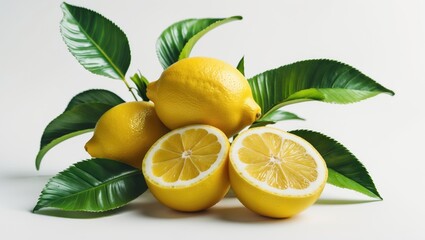Aufkleber - Cluster of lemons with foliage, set against a white backdrop
