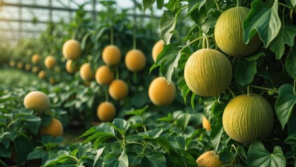 Aufkleber - Cantaloupe melon plants thriving in a greenhouse.