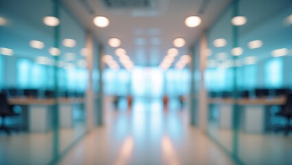 Aufkleber - Abstract luxury image depicting an office lobby with a footpath, clear glass walls and doors illuminated by bokeh and flare lighting. Modern interior aesthetics. Blurred background.