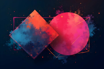 Poster - Abstract Composition with Geometric Shapes and Vibrant Colors, Creates a Visually Striking and Dynamic Effect on a Uniform Colored Scene and Background