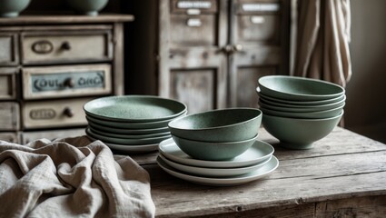 Poster - Rustic table featuring gray stoneware plates and bowls