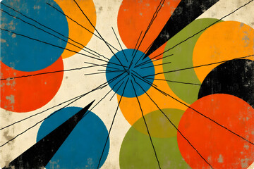 Poster - Abstract Composition with Geometric Shapes and Radiating Lines, Dynamic interplay of circles, triangles, and lines creating a visually engaging and modern aesthetic