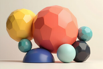 Poster - Abstract Geometric Composition, Balancing Spheres and Polyhedra in a Harmonious Color Palette, Evoking a Sense of Equilibrium and Modern Design Aesthetic